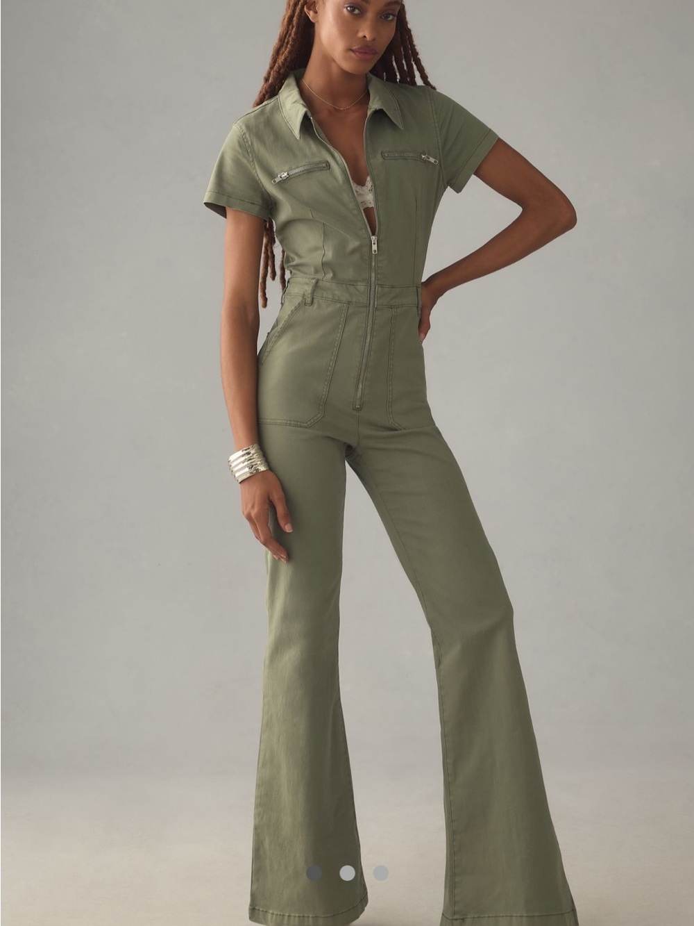 pistola Olive Green Zip-Front Flared Jumpsuit
